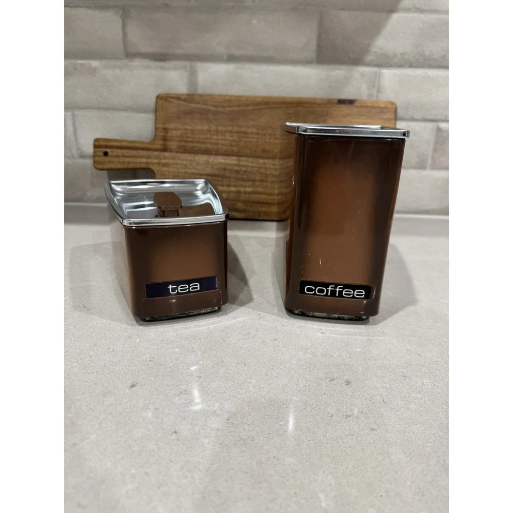Vintage MCM Lincoln Beautyware Chrome Brown Coffee Canister With Lid